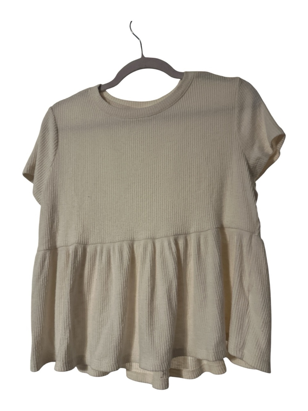 NWOT SO Cream Short-Sleeve Peplum Tunic med poly rayon spandex soft
